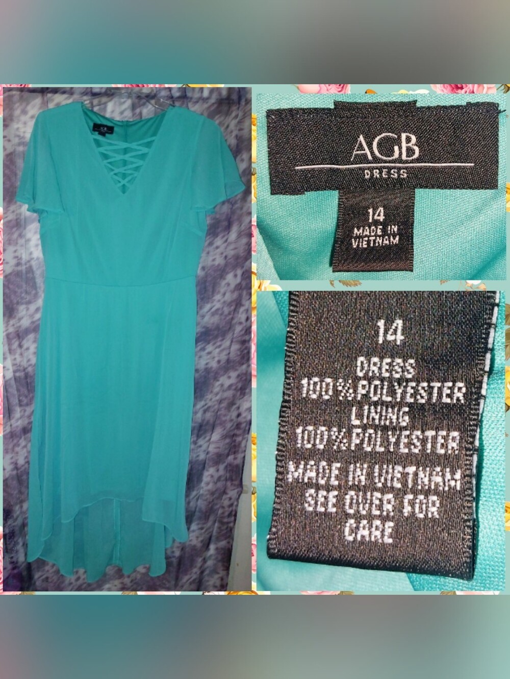 AGB brand Mint Green Hi-Lo Soft Woven Dress w/Lattice V-Neck Detail Sz 14